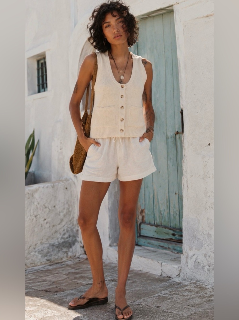 Zara Cream Knit Button-Front Tank Top